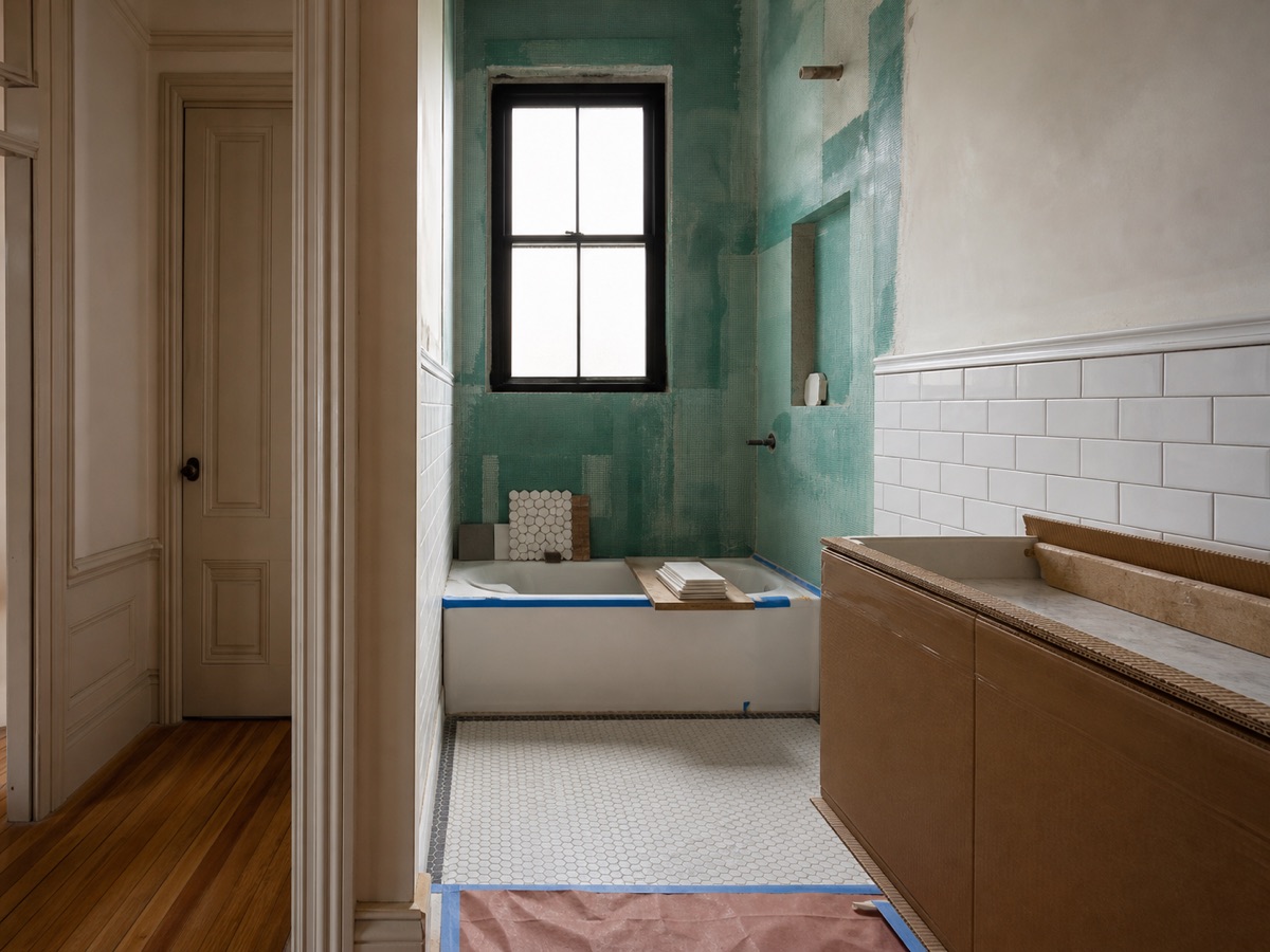 Bathroom renovation in progress with clean waterproofing and material samples