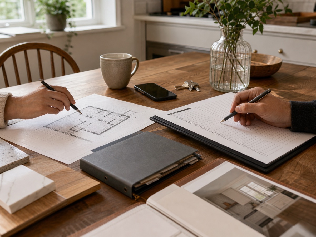 Renovation documents, change order notes, keys, and material samples