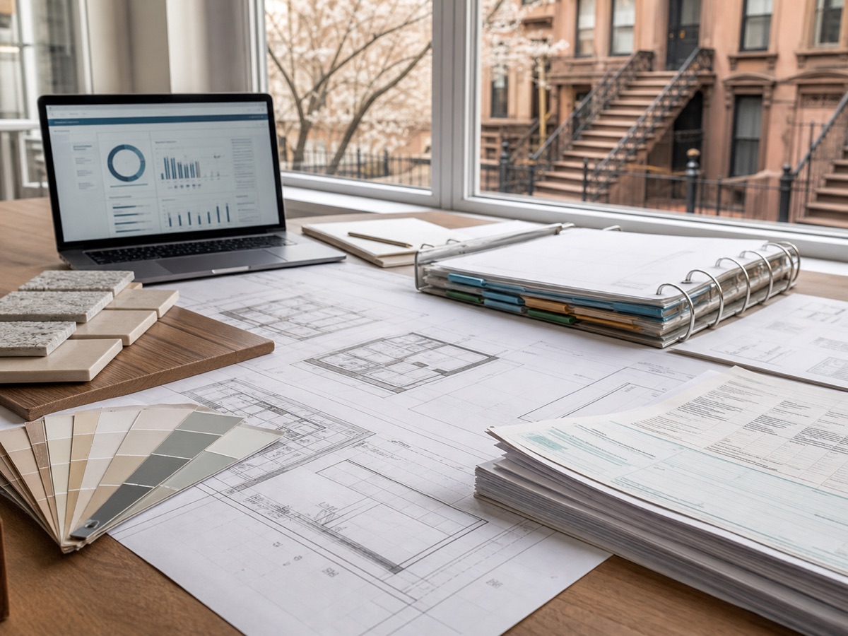 Permit readiness desk with drawings, binder, and material samples
