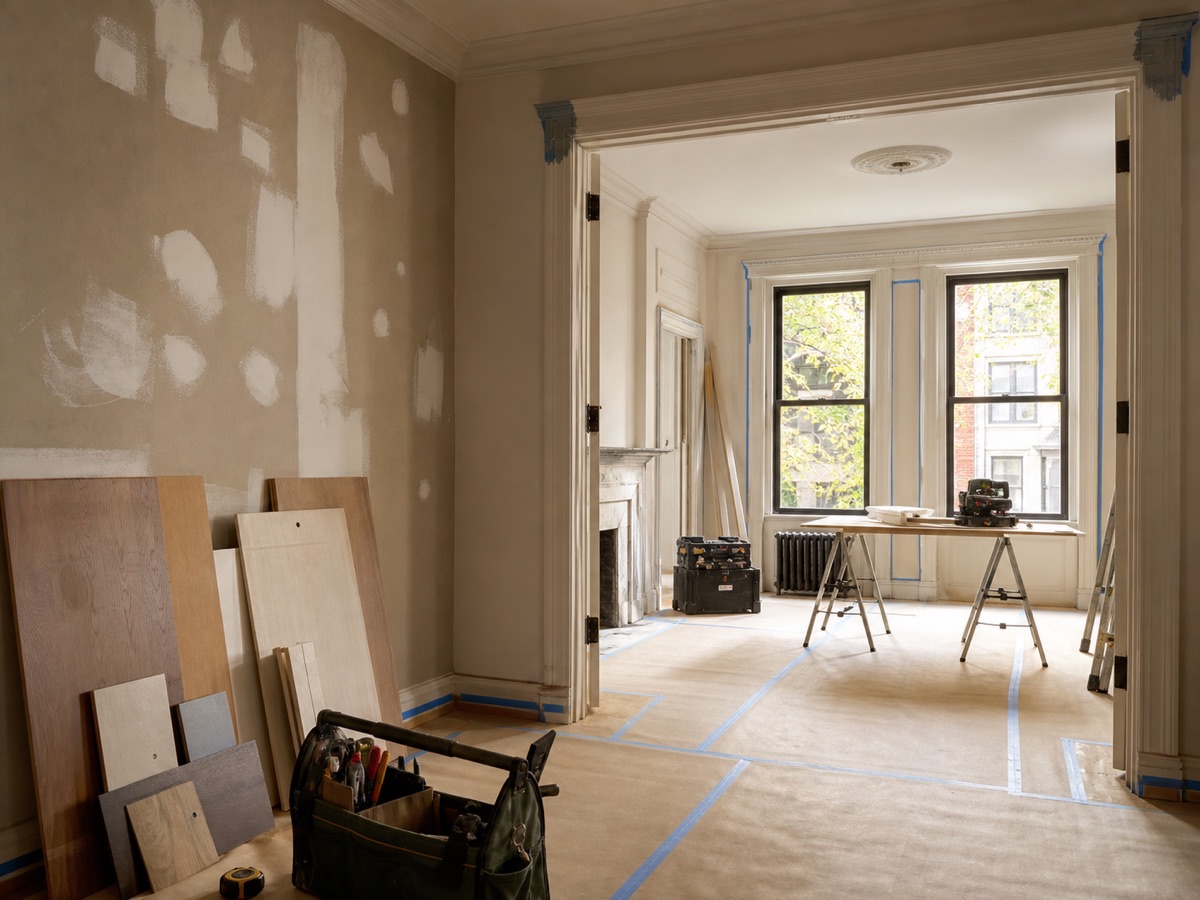 Clean interior renovation site with floor protection and organized tools